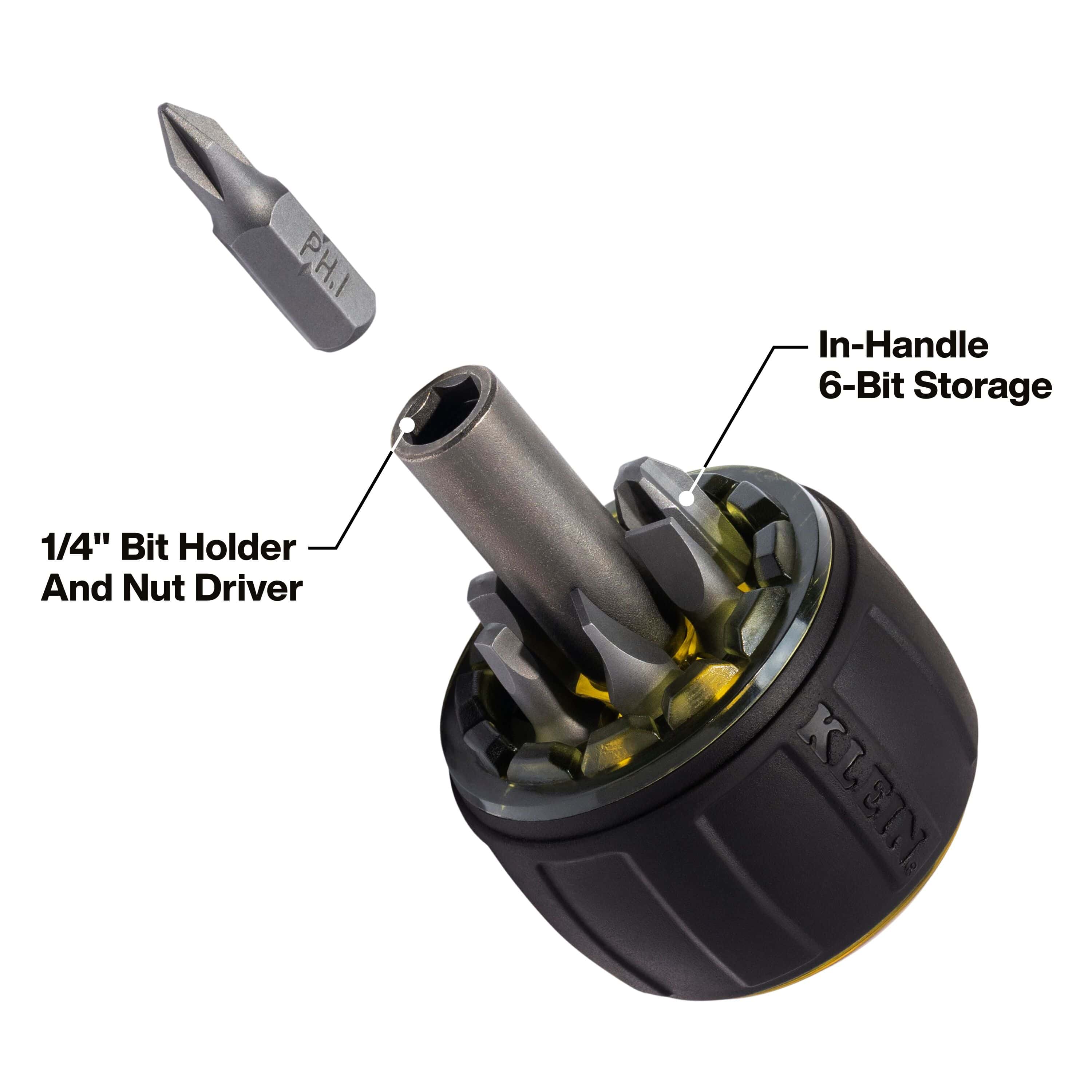 Detachable stubby handle for Klein Tools 32961A driver showing 1/4-inch nut driver socket and internal storage for six fastener bits.