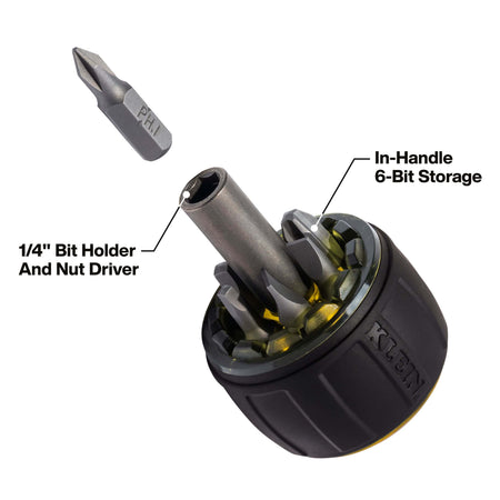 Detachable stubby handle for Klein Tools 32961A driver showing 1/4-inch nut driver socket and internal storage for six fastener bits.