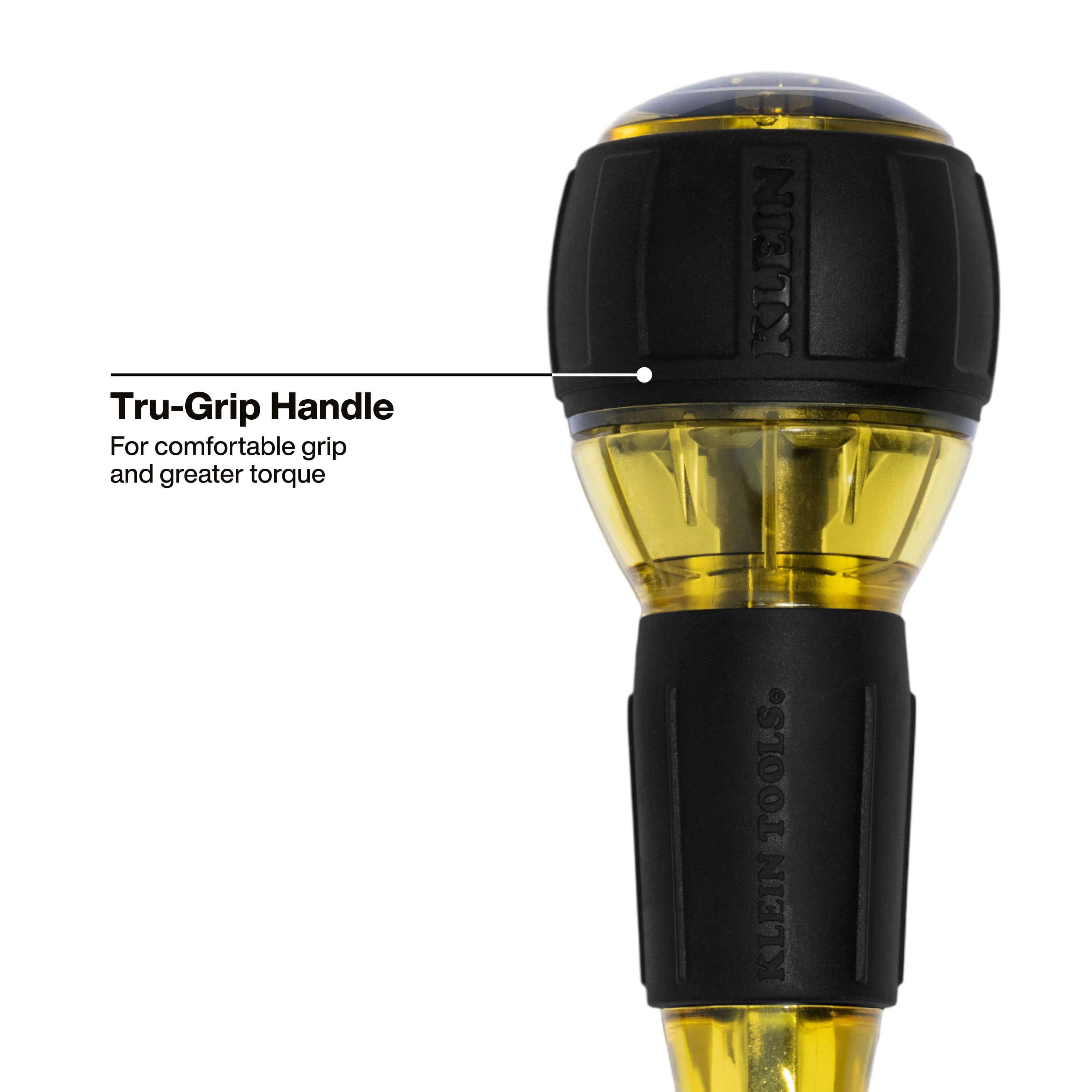 Close-up of the Klein Tools Tru-Grip rubber handle designed for high torque leverage and comfortable hand placement during electrical fastening.