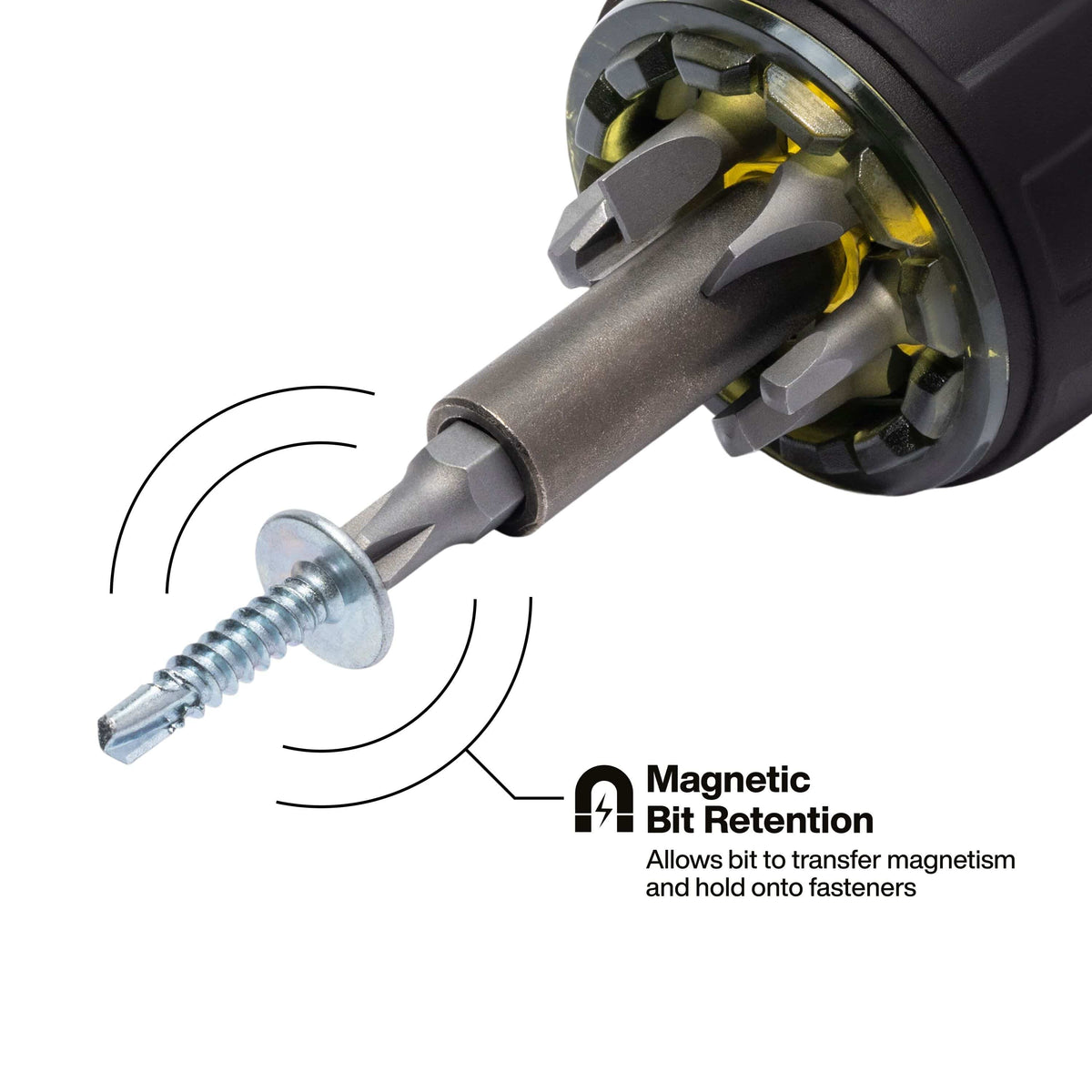 Rare-Earth magnetic bit holder on Klein Tools 32961A driver transferring magnetic force through the bit to hold steel screws hands-free.