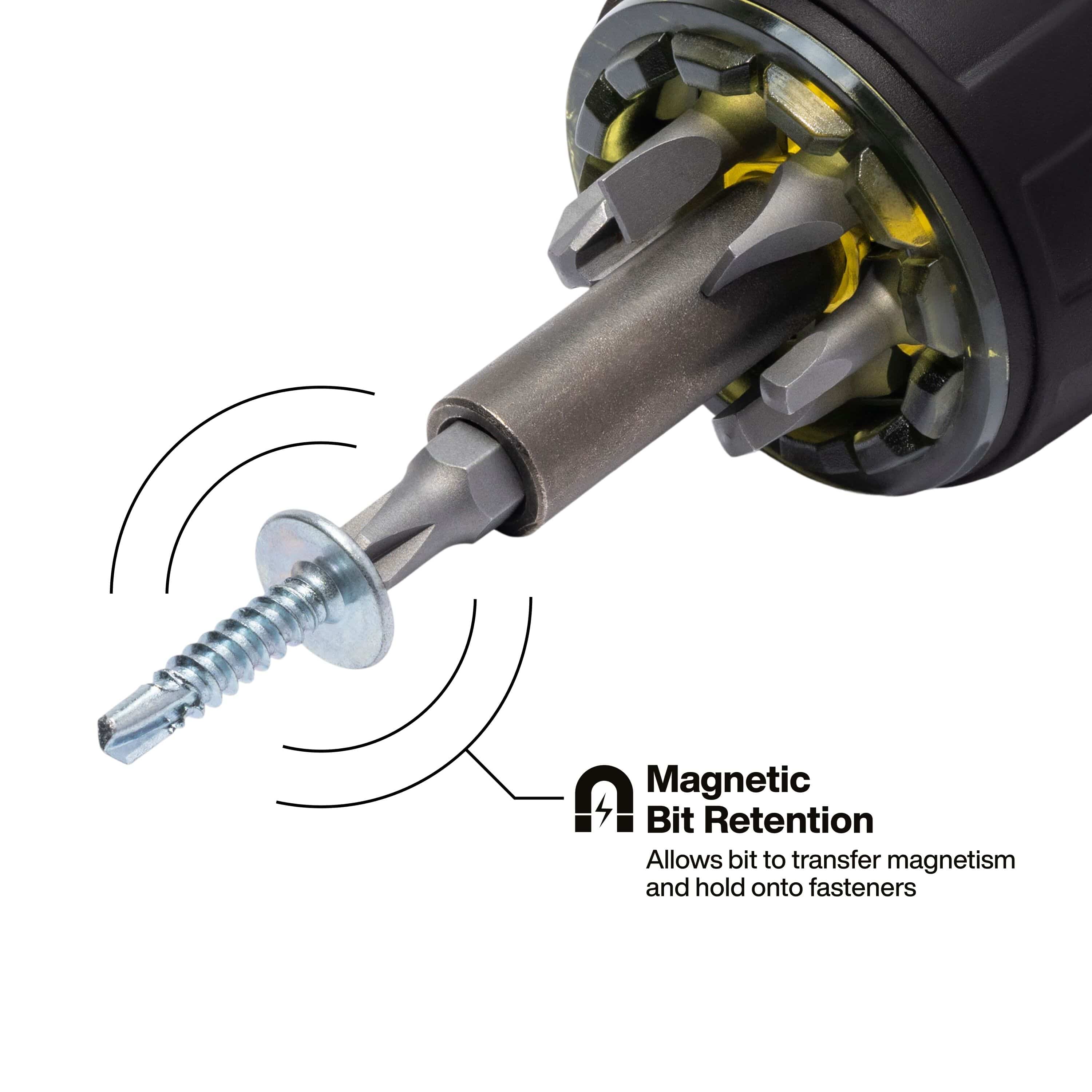 Rare-Earth magnetic bit holder on Klein Tools 32961A driver transferring magnetic force through the bit to hold steel screws hands-free.