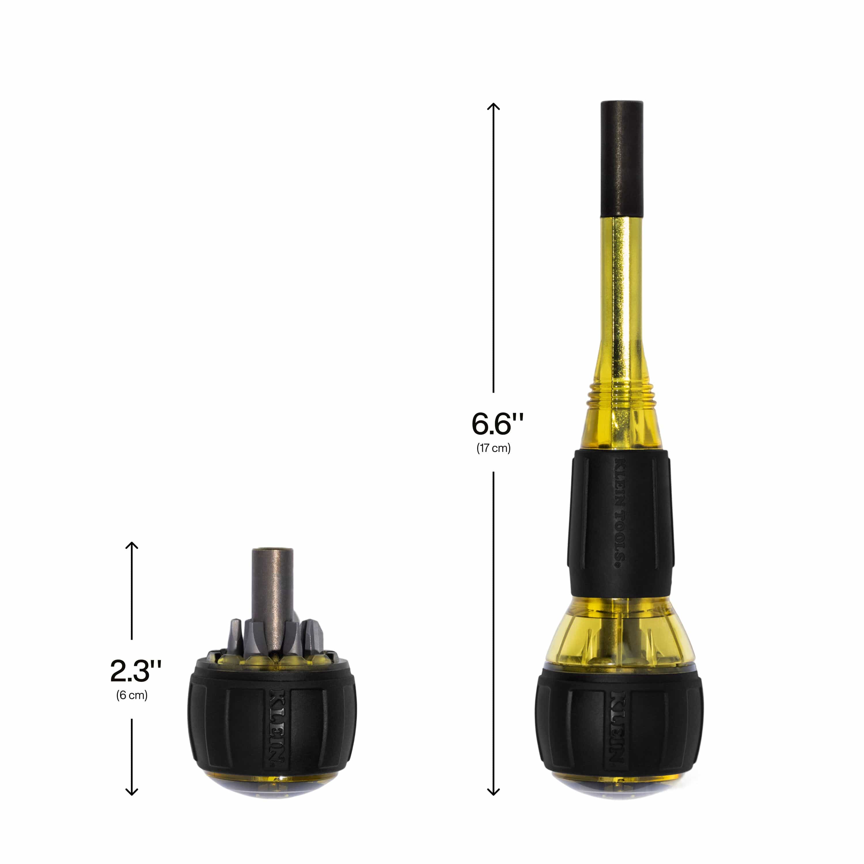 Height comparison graphic showing the 6.6-inch full screwdriver assembly alongside the 2.3-inch compact stubby driver for restricted space access.