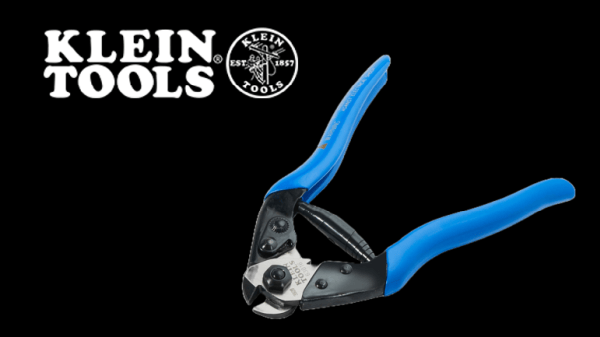 Klein Tools wire cutter with blue handles on a black background