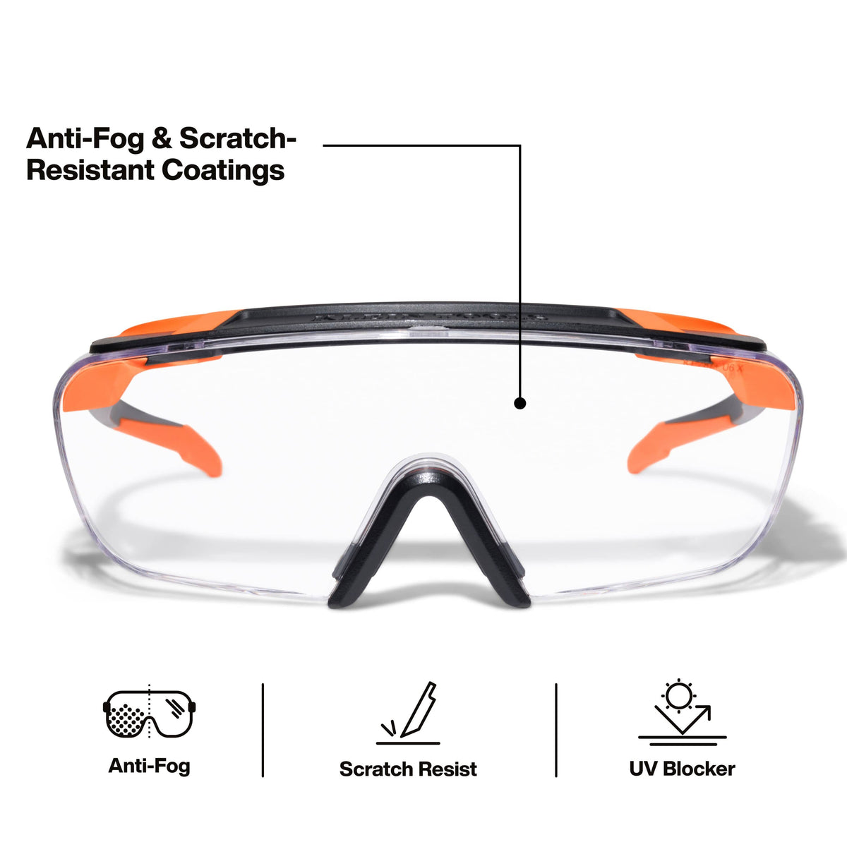 Full front view of the OTG safety eyewear illustrating the premium anti-fog and scratch-resistant coatings designed for permanent jobsite clarity and lens durability.