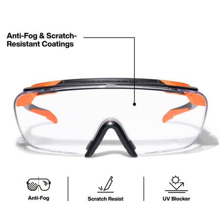 Full front view of the OTG safety eyewear illustrating the premium anti-fog and scratch-resistant coatings designed for permanent jobsite clarity and lens durability.