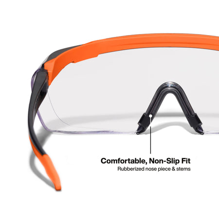 Close-up detail of the interior of the safety glasses showing the comfortable rubberized nose piece and non-slip stems designed for a secure fit during high-activity tasks.