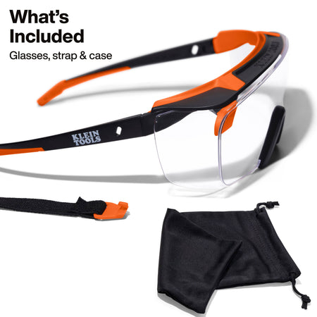 Product kit overview showing what is included: the high-impact safety glasses, a removable security strap, and a black microfiber cleaning and storage pouch.