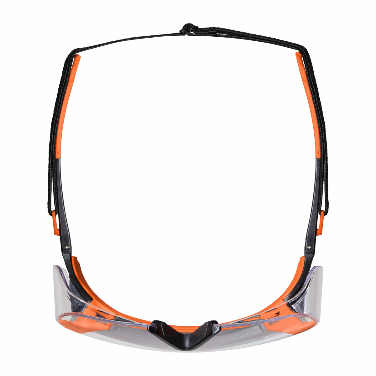 Overhead view of the safety eyewear with the black fabric security strap attached to the stems, illustrating the wrap-around protection and secure head retention system.