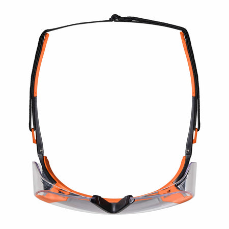 Overhead view of the safety eyewear with the black fabric security strap attached to the stems, illustrating the wrap-around protection and secure head retention system.
