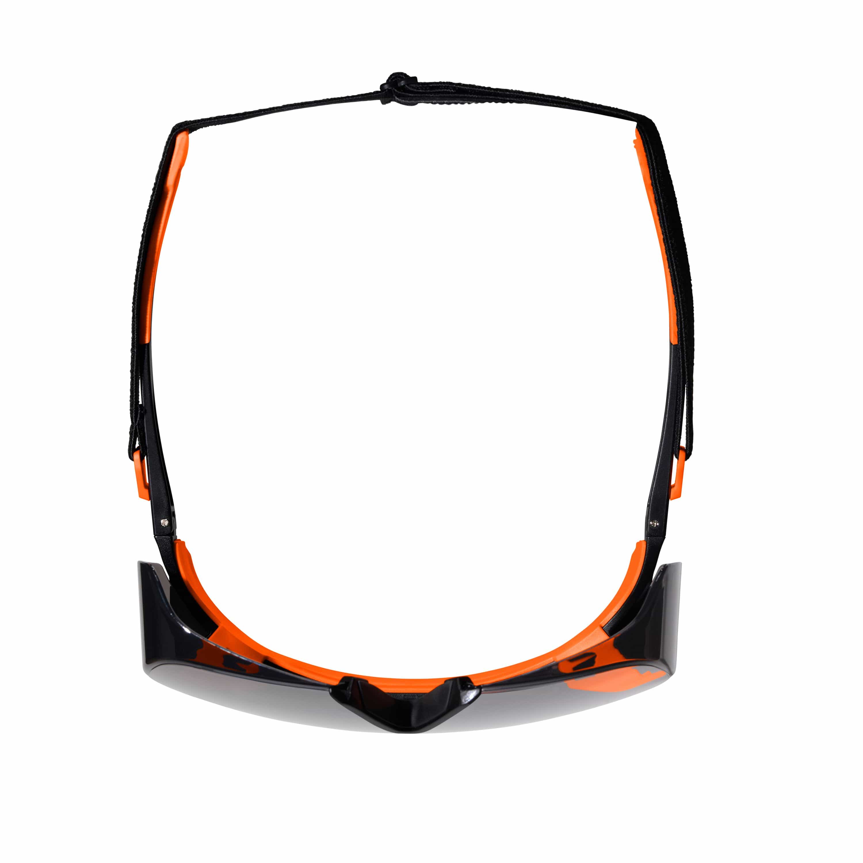 Overhead view of the shaded OTG safety eyewear with the adjustable black security strap attached to the stems, illustrating the wrap-around protection and secure head retention design.