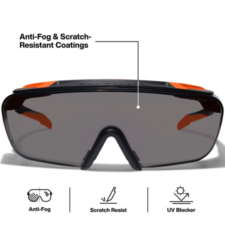 Full front view of the gray shaded safety glasses highlighting the premium anti-fog and scratch-resistant coatings, along with icons for UV protection and high-impact resistance standards.