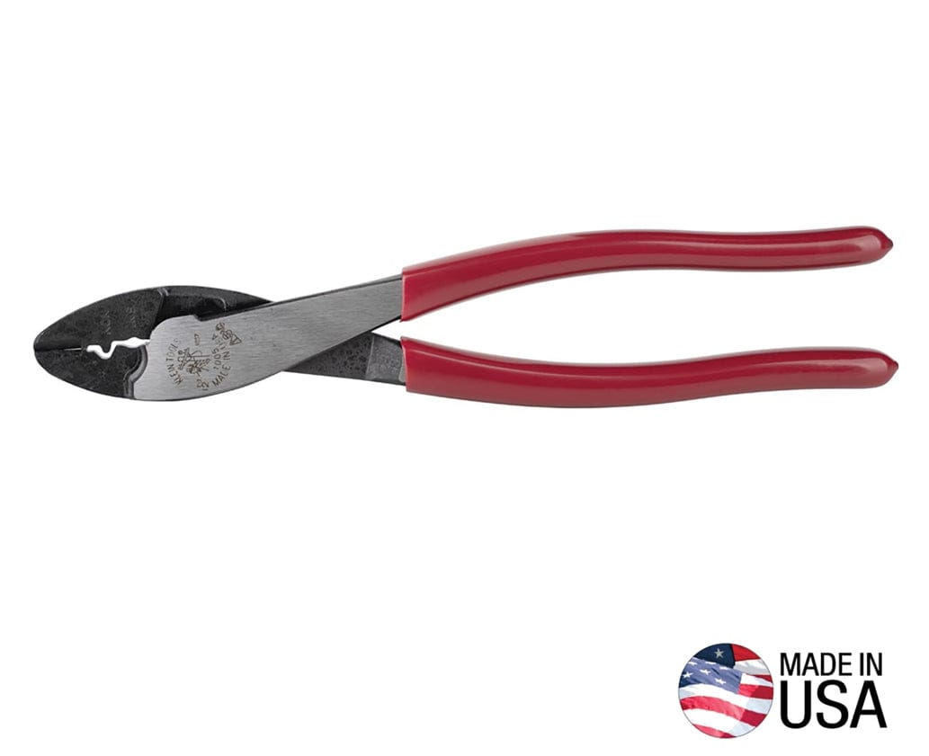A professional product photograph of the Klein Tools 1005 9-inch crimper and wire cutter featuring red plastic-dipped handles and a Made in USA emblem, designed for 10-22 AWG insulated and non-insulated terminals.