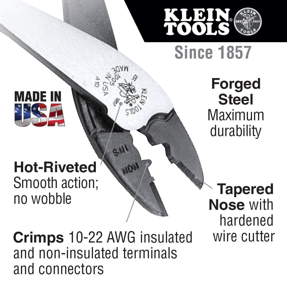 A detailed feature graphic for the Klein Tools 1005 crimper highlighting its forged steel construction for maximum durability, a hot-riveted joint for smooth action, and a tapered nose with a hardened wire cutter.