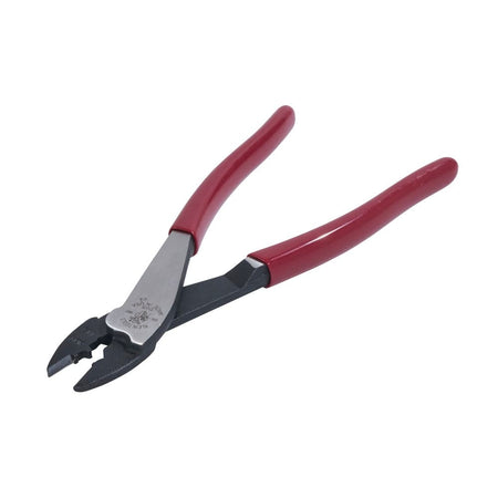 An isometric studio view of the Klein 1005 crimping and cutting tool, showing the precision-ground tapered nose and the ergonomic red cushioned handles used for secure electrical connections.