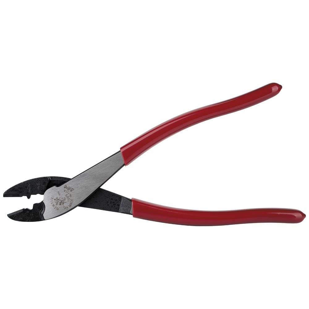 A side profile of the Klein 1005 9-inch crimper and cutter, displaying the specialized crimping die markings for insulated and non-insulated terminals and the high-leverage pivot point for effortless cutting.