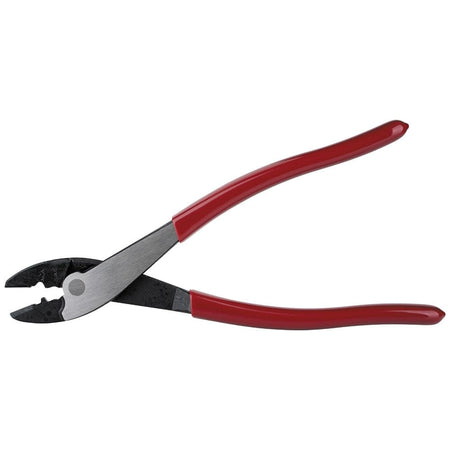 A clear, side-facing shot of the Klein 1005 tool with its red handles open, illustrating the robust build quality of this professional-grade electrical crimper and wire prep tool.