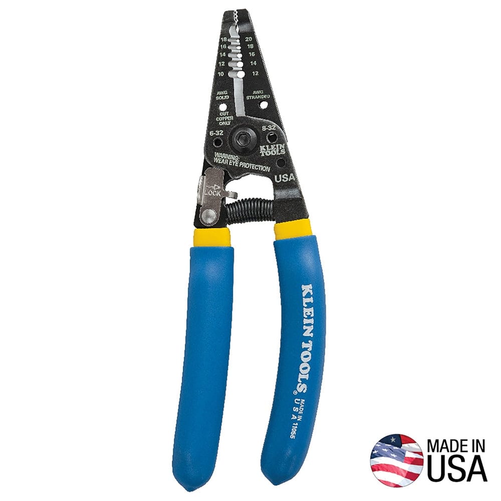Studio view of the Klein Tools 11055 wire stripper with blue and yellow handles, showing the jaw markings for stripping 10 to 18 solid and 12 to 20 stranded wire.