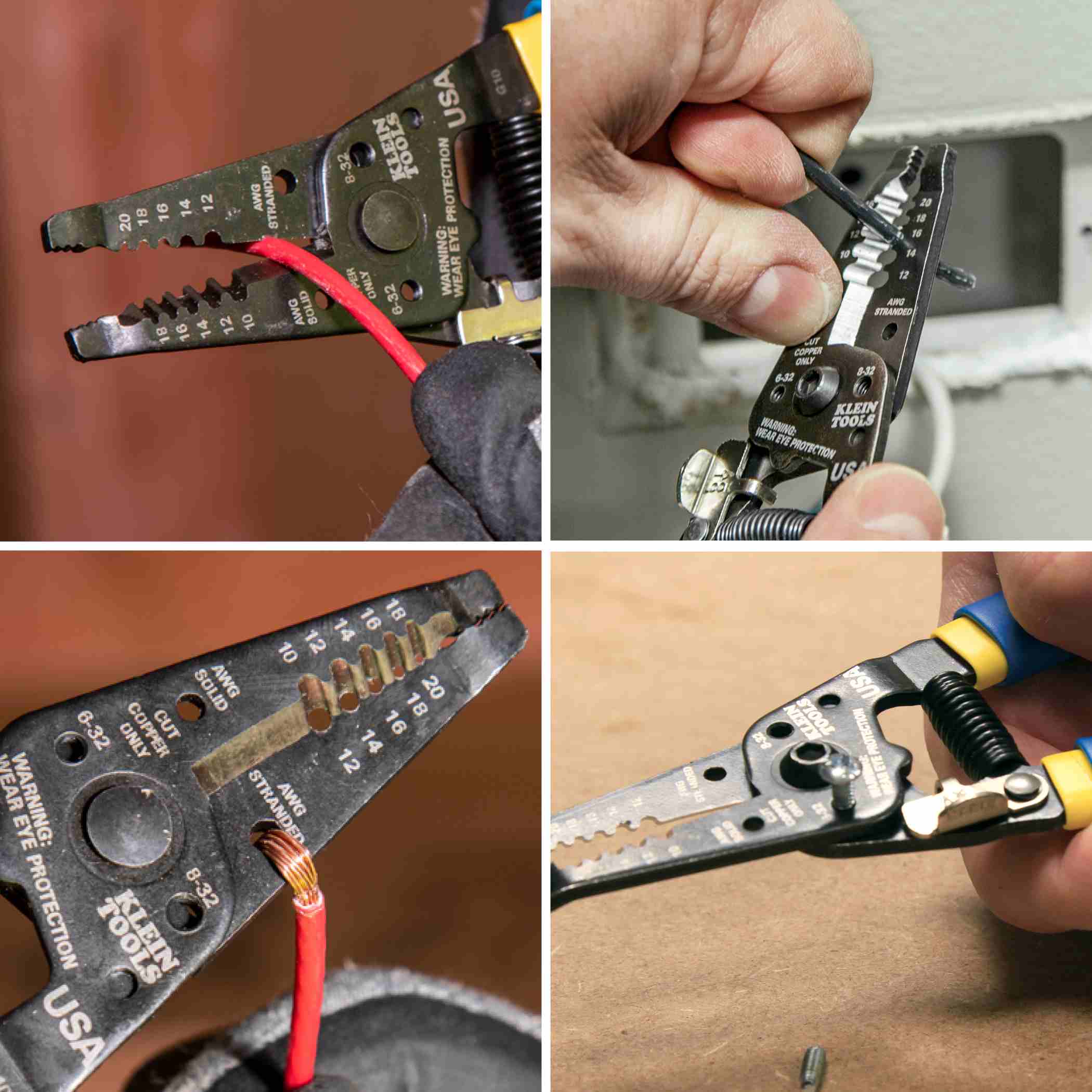 A four-panel composite image demonstrating the tool's functions: stripping red wire, bending wire loops, cutting solid copper wire, and shearing a screw.