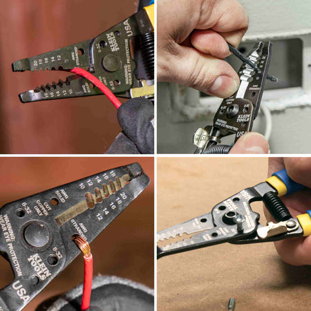 A four-panel composite image demonstrating the tool's functions: stripping red wire, bending wire loops, cutting solid copper wire, and shearing a screw.