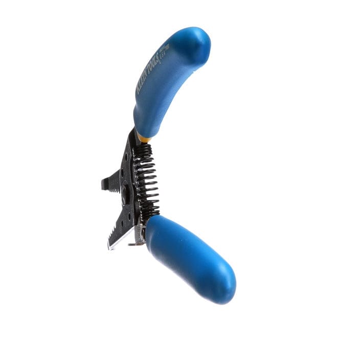 Rear angled view focusing on the coil spring mechanism and the locking latch located near the yellow handle collars.