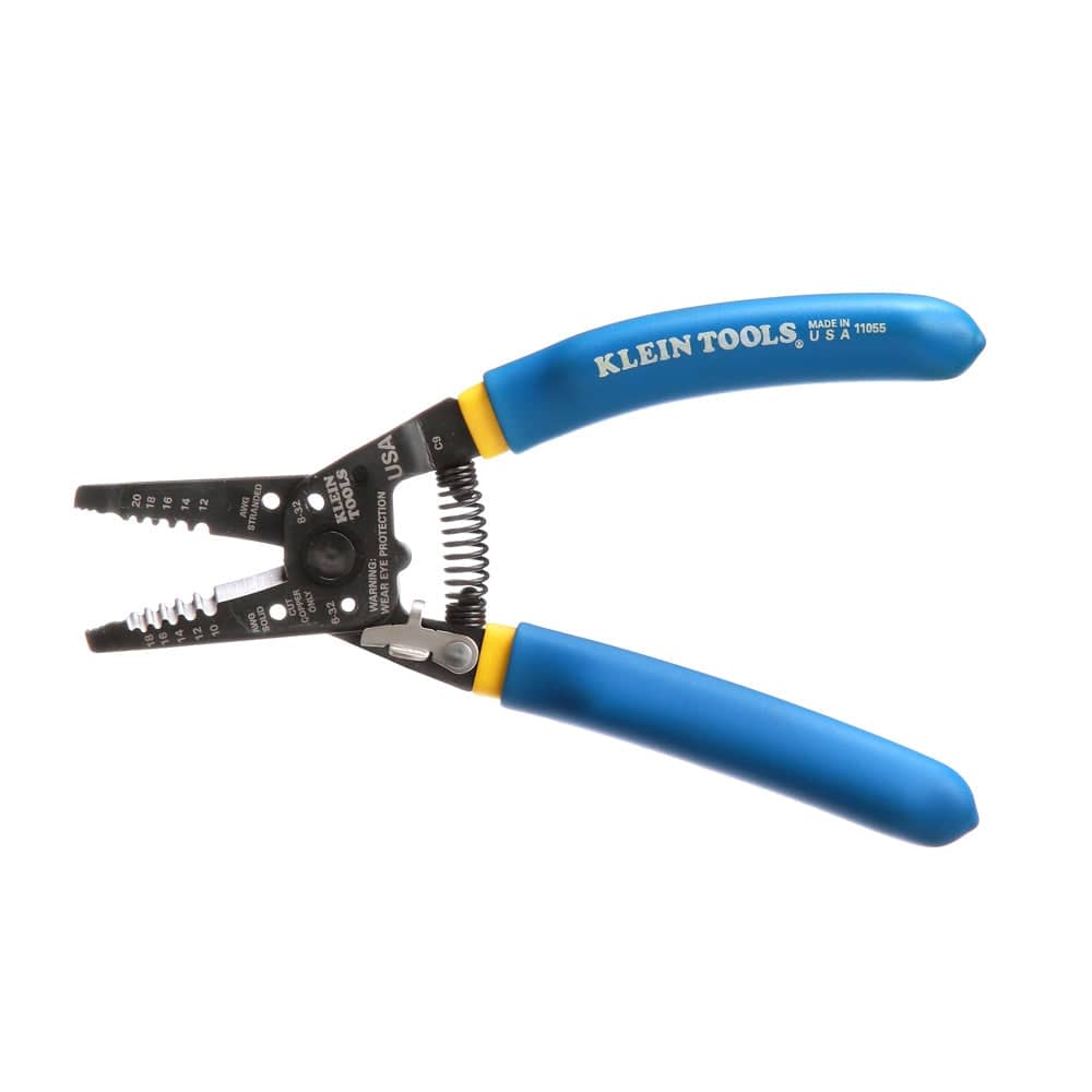 Horizontal view of the open wire stripper displaying the Klein Tools logo printed on the upper blue handle.