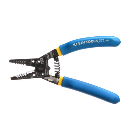 Horizontal view of the open wire stripper displaying the Klein Tools logo printed on the upper blue handle.