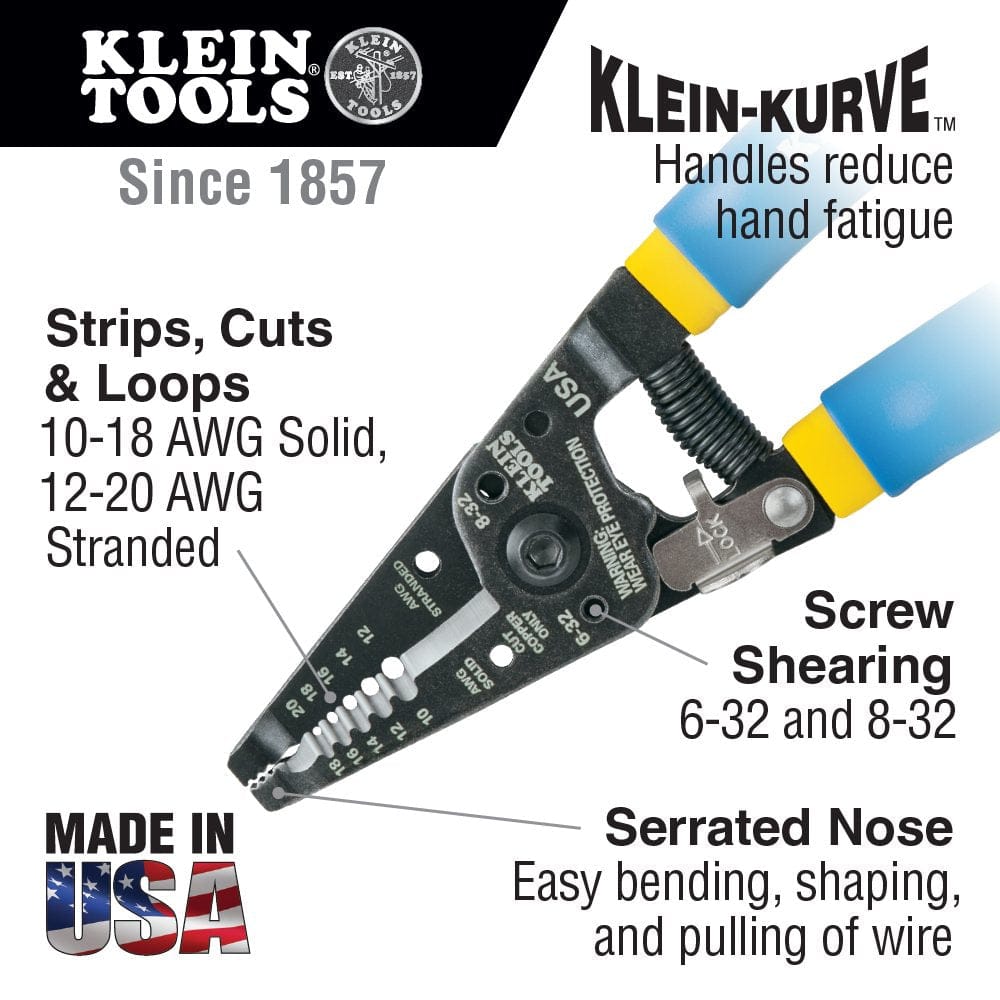 Infographic detailing features such as the Klein-Kurve handles, screw shearing holes, serrated nose, and stripping capacity for solid and stranded wire.