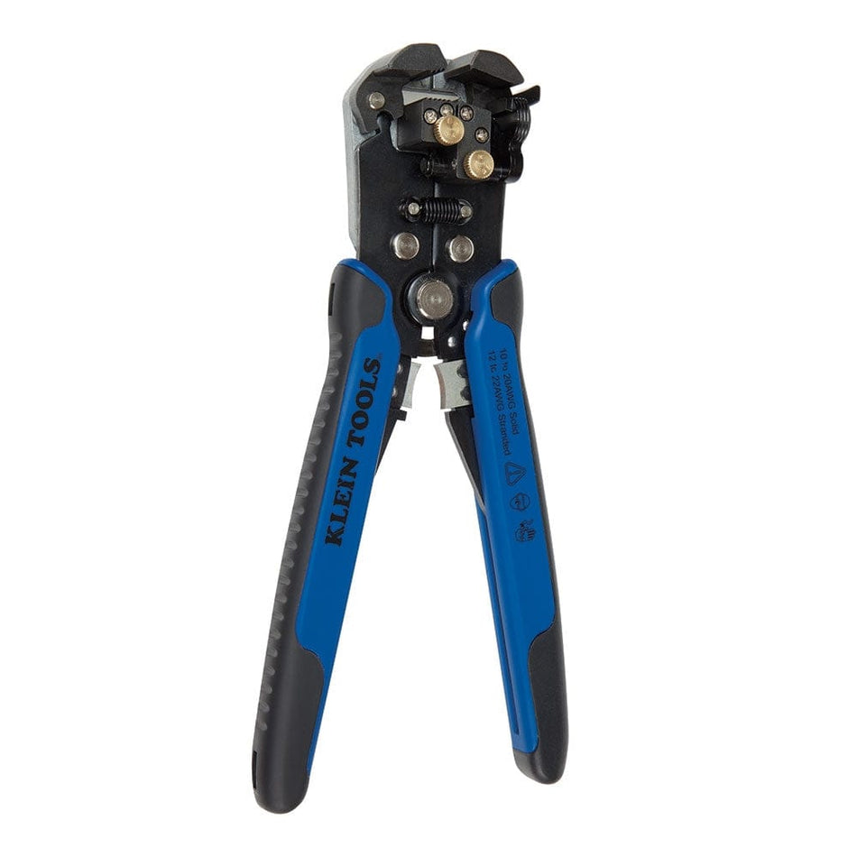 A studio product shot of the Klein Tools 11061 self-adjusting wire stripper and cutter. The tool features blue and black handles with the Klein Tools logo and a complex metal stripping head with various adjustment dials and springs.