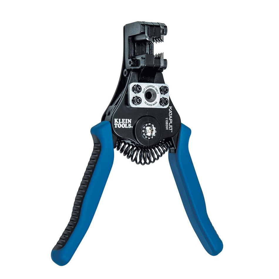 A studio shot of the Klein Tools 11063W Katapult wire stripper and cutter, featuring blue ergonomic handles, a black cast alloy chassis, and a compound action stripping head.