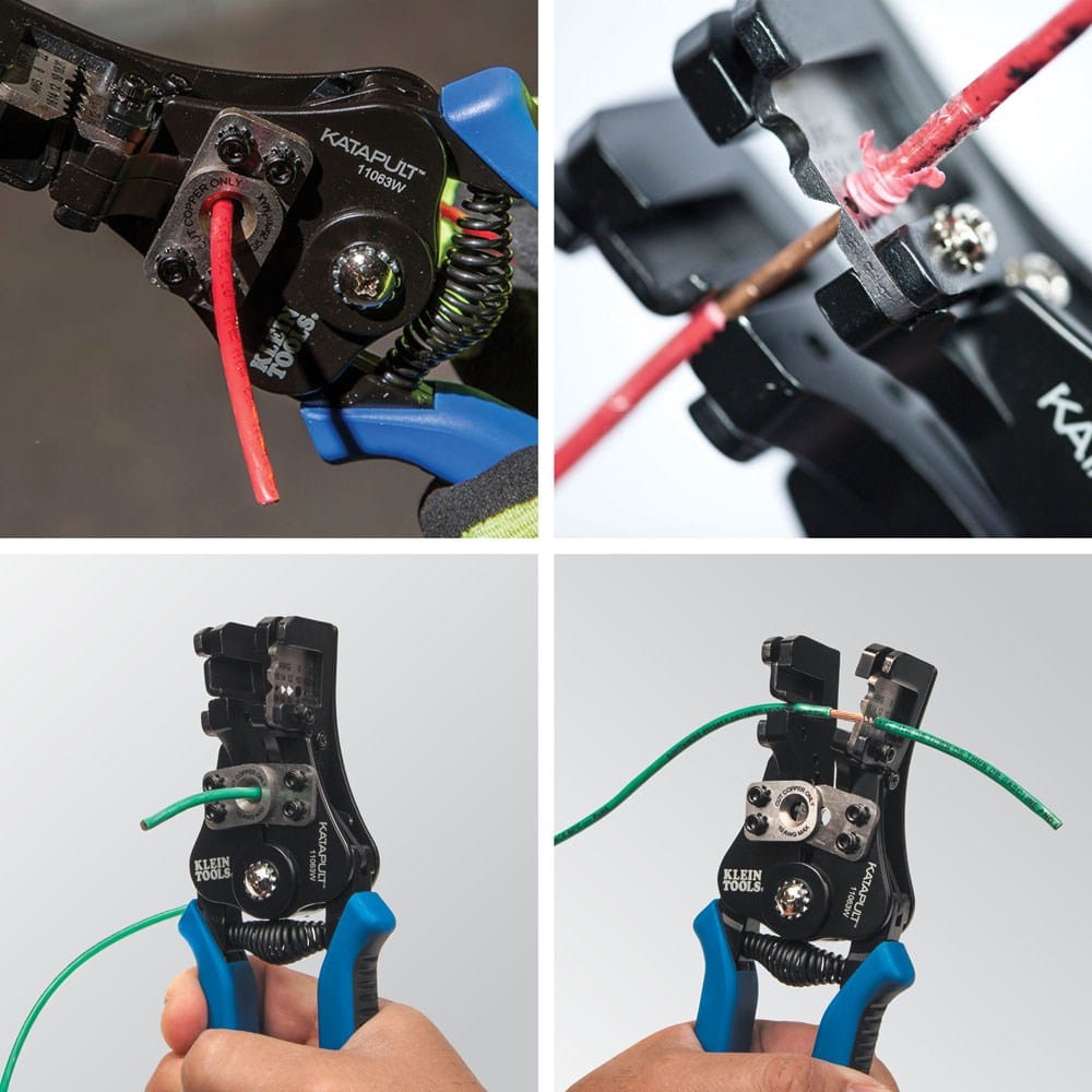 A four-panel collage demonstrating the tool's versatility: cutting a red wire, a close-up of stripping insulation, cutting a green wire, and stripping a green wire.