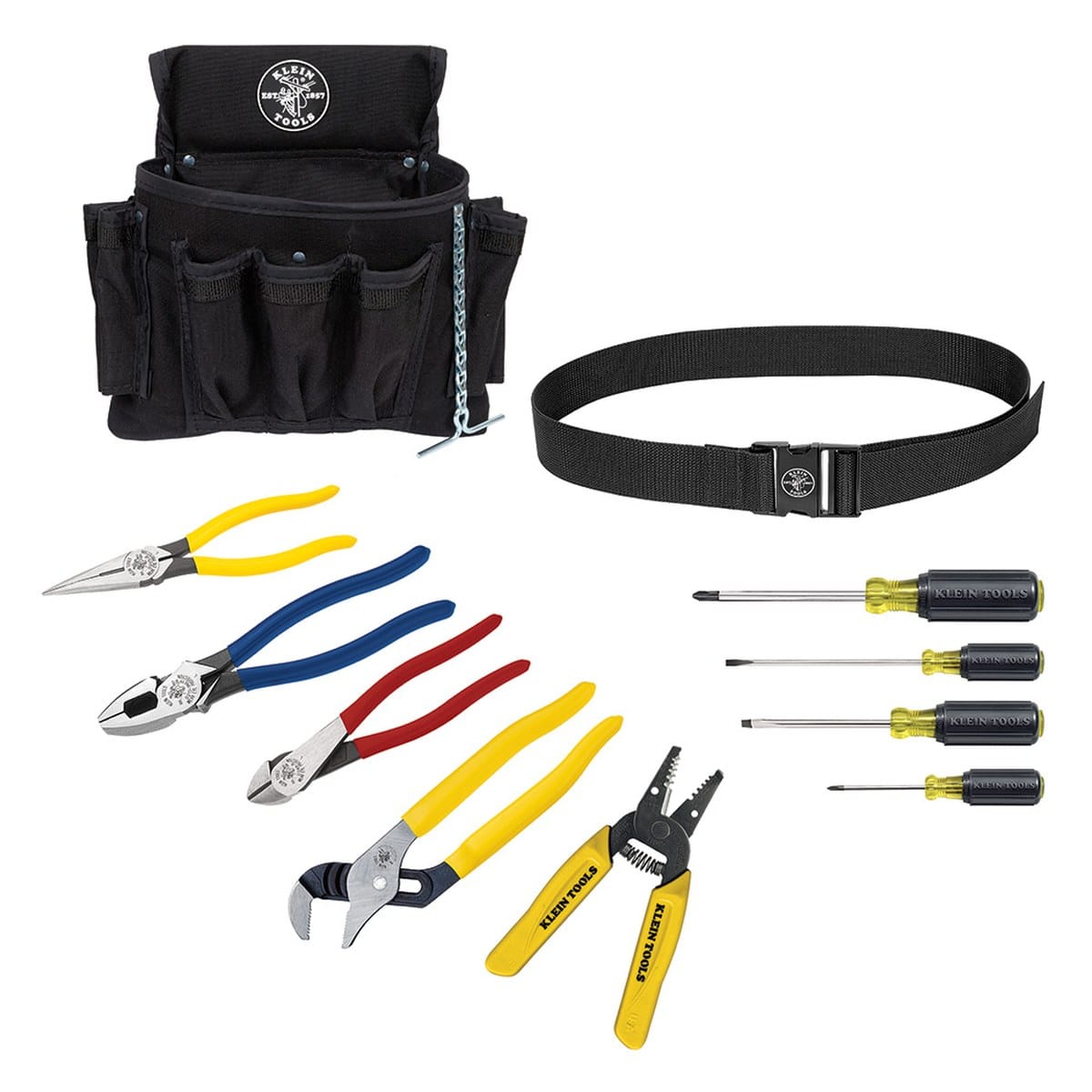 Full view of the Klein Tools 92911 11-piece apprentice tool set including four pairs of pliers, a wire stripper, four Cushion-Grip screwdrivers, a 12-pocket tool pouch, and a work belt.