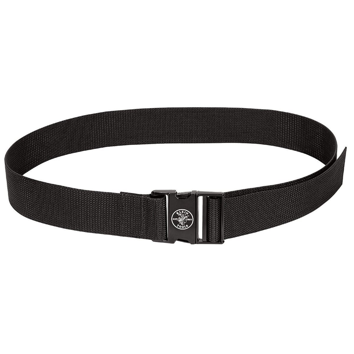 View of the Klein Tools adjustable work belt featuring a heavy-duty black webbed design and a secure quick-release buckle with the official Klein Tools logo.