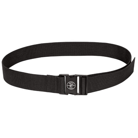 View of the Klein Tools adjustable work belt featuring a heavy-duty black webbed design and a secure quick-release buckle with the official Klein Tools logo.