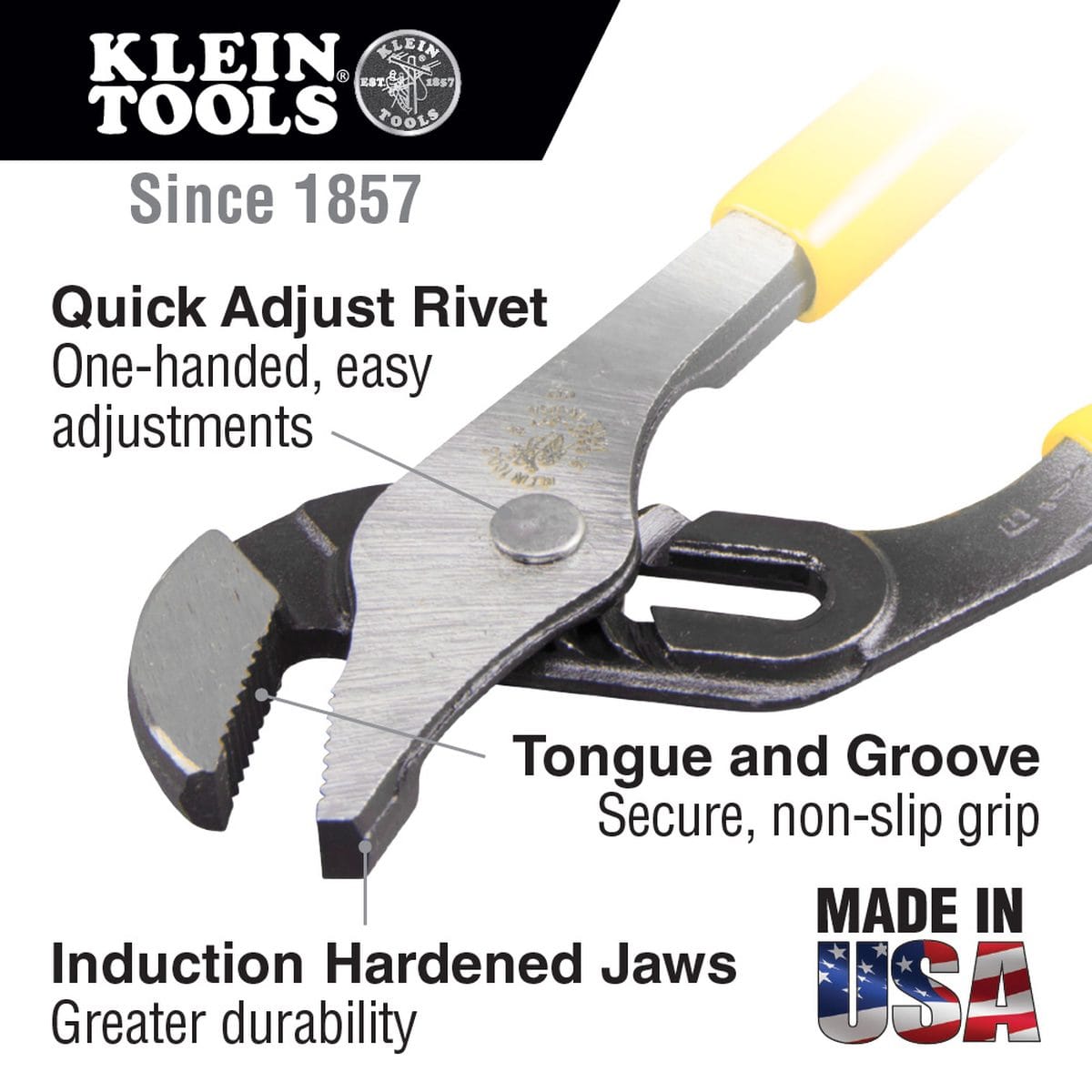 Detailed view of Klein Tools pump pliers featuring the quick-adjust rivet for one-handed operation, induction-hardened jaws for durability, and a secure tongue-and-groove non-slip grip.