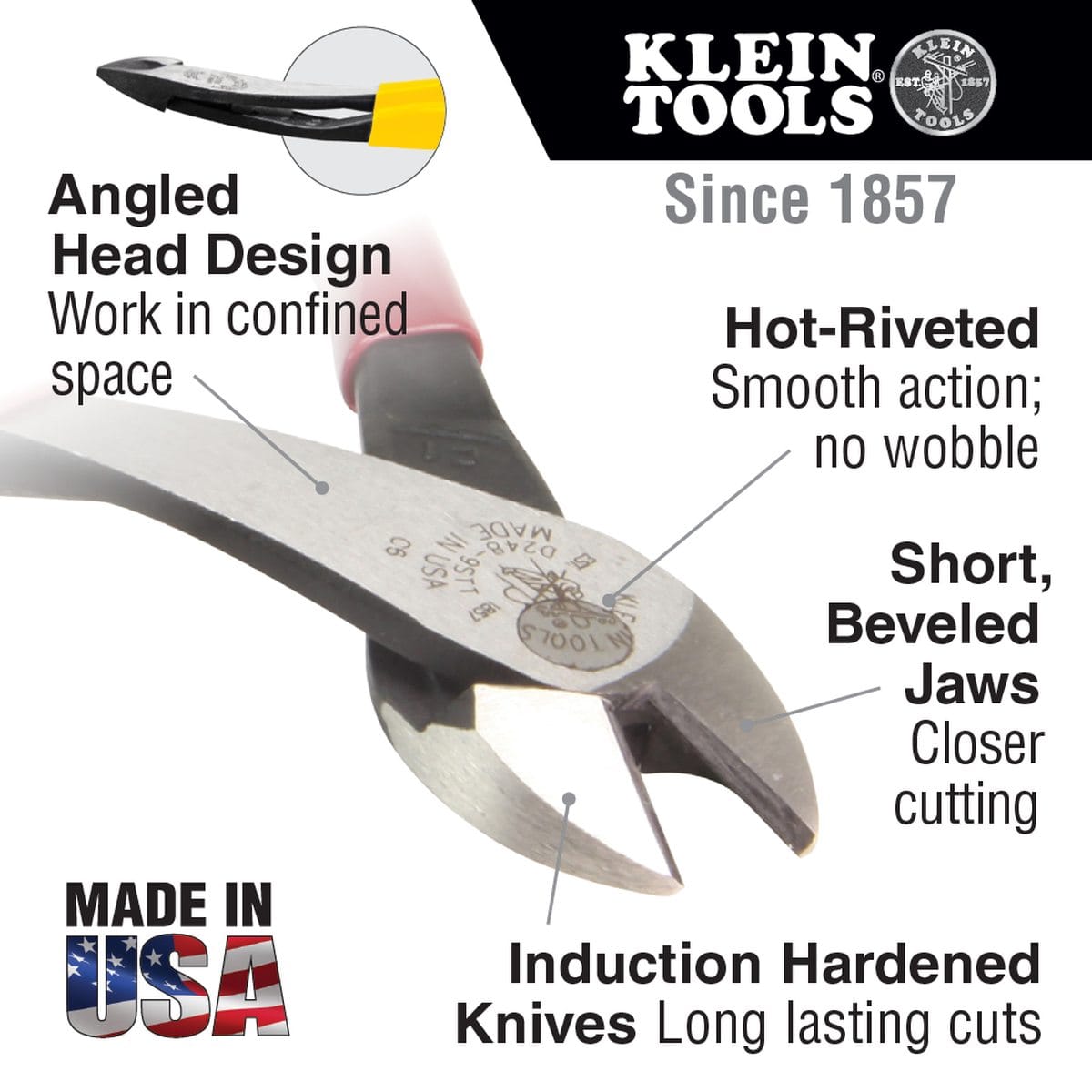 Infographic showcasing Klein Tools angled-head diagonal cutters with an offset design for confined spaces, hot-riveted smooth action, and short beveled jaws for closer wire cutting.