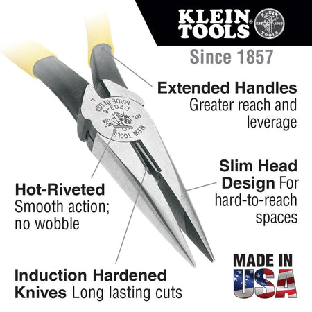 Technical features of Klein Tools long-nose pliers including extended handles for greater reach and leverage, a slim head design for hard-to-reach spaces, and induction-hardened cutting knives.