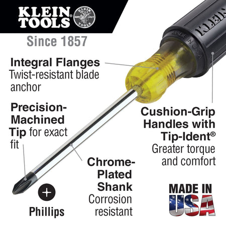 Infographic for a Klein Tools Phillips head screwdriver detailing the integral flanges for a twist-resistant blade anchor and the ergonomic Cushion-Grip handle for increased torque and comfort.