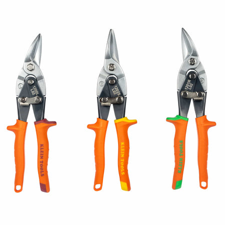 A 3-piece set of Klein Tools aviation snips featuring red-handled left-cut, yellow-handled straight-cut, and green-handled right-cut metal shears with contoured grips.