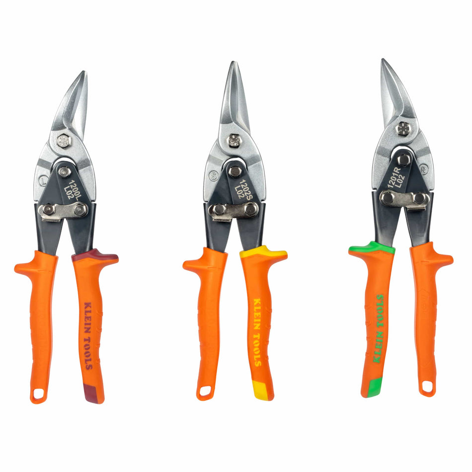 A 3-piece set of Klein Tools aviation snips featuring red-handled left-cut, yellow-handled straight-cut, and green-handled right-cut metal shears with contoured grips.