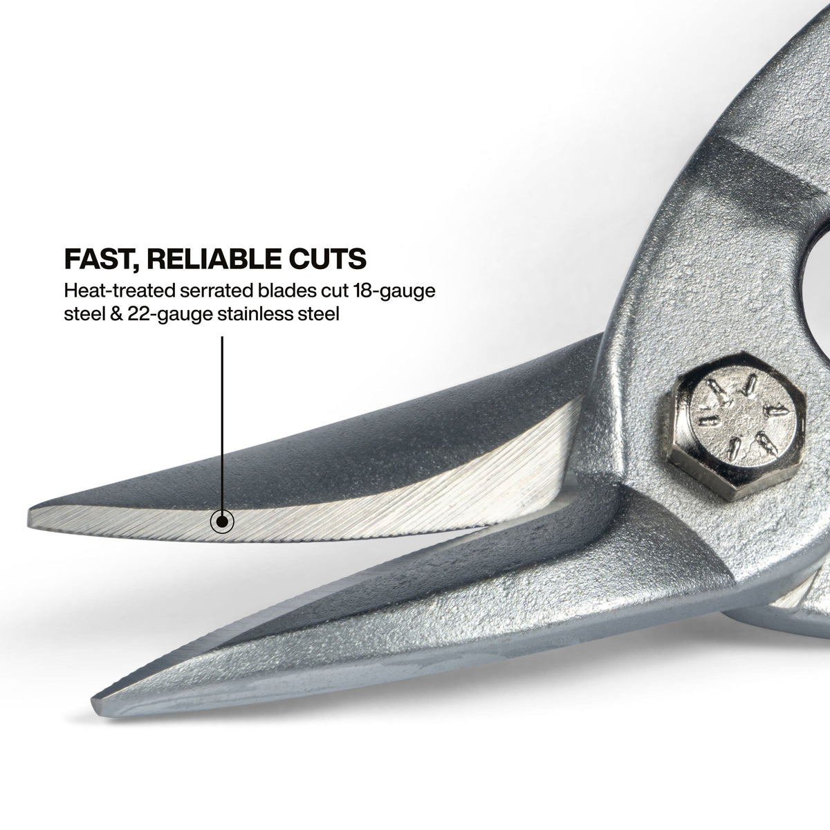 Close-up detail of the forged steel serrated blades on the aviation snips, highlighting their capability for fast, reliable cuts through 18-gauge steel and 22-gauge stainless steel.
