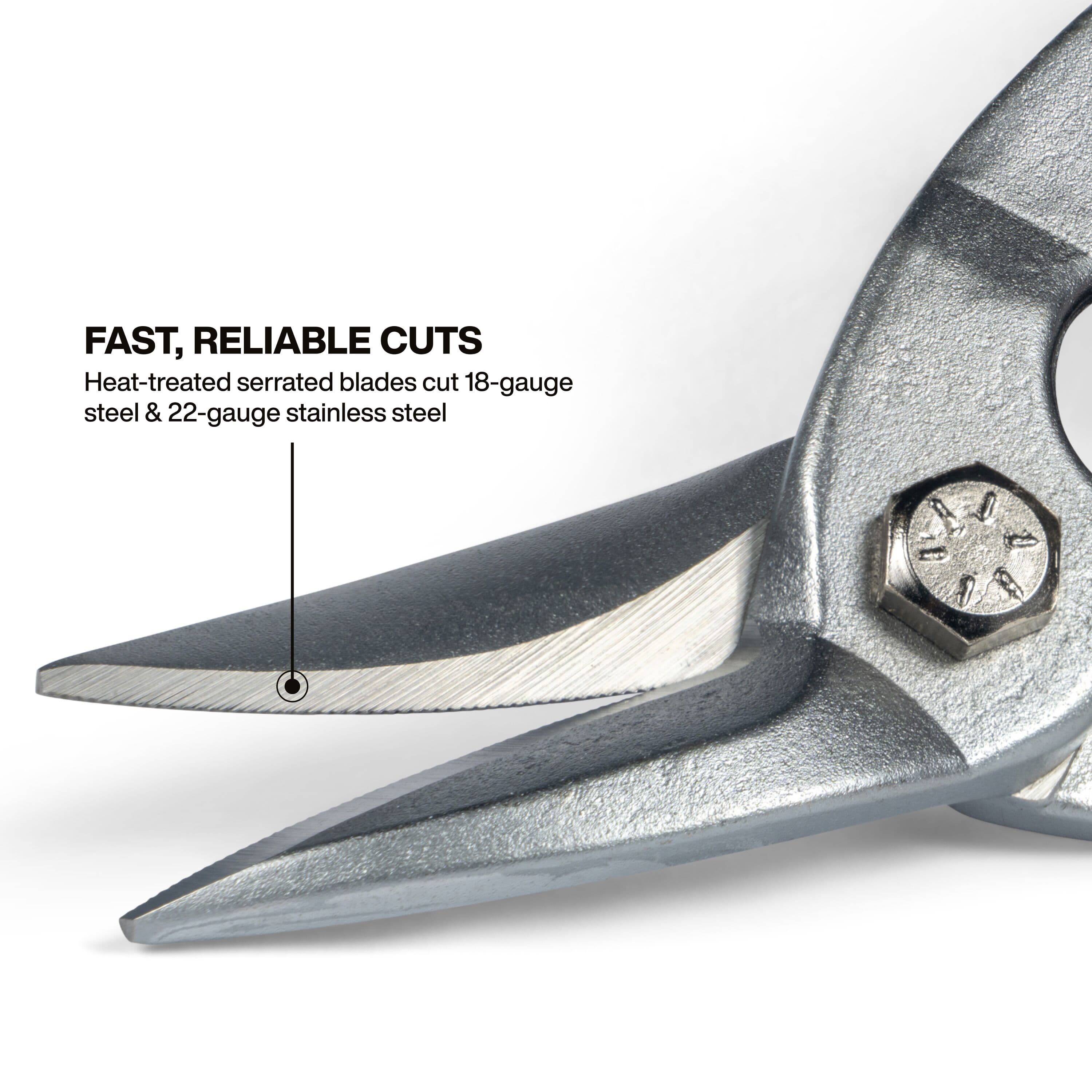 Close-up detail of the forged steel serrated blades on the aviation snips, highlighting their capability for fast, reliable cuts through 18-gauge steel and 22-gauge stainless steel.