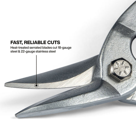Close-up detail of the forged steel serrated blades on the aviation snips, highlighting their capability for fast, reliable cuts through 18-gauge steel and 22-gauge stainless steel.