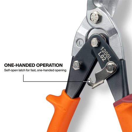 Close-up of the self-open latch mechanism on the red left-cutting aviation snips, demonstrating the design for effortless one-handed operation on the jobsite.