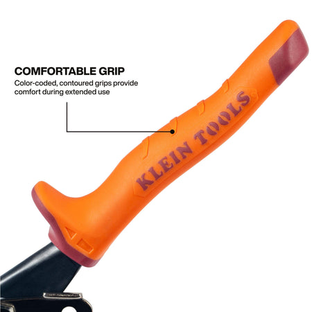 Detailed view of the color-coded orange and red contoured handle grip, designed to provide maximum comfort and easy tool identification during extended metal cutting tasks.