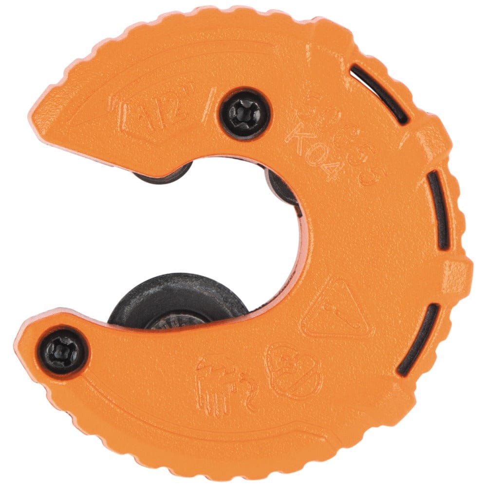 The reverse side of the Klein Tools 50055 tubing cutter, showing the assembly screws and safety warning icons. The model number 50055 is embossed on the orange casing, identifying this specific compact pipe cutting tool.