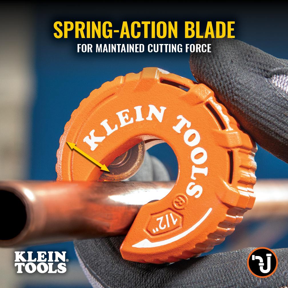 Technical action shot showing the internal mechanism with the text Spring-Action Blade. An arrow points to the cutting wheel as it maintains constant pressure against a copper pipe, ensuring maintained cutting force without manual adjustment.