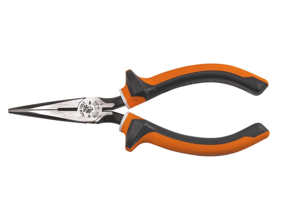 A professional studio product shot of the Klein Tools 2036EINS 6-inch slim insulated long nose side-cutting pliers featuring orange and gray high-leverage handles and induction-hardened cutting knives.