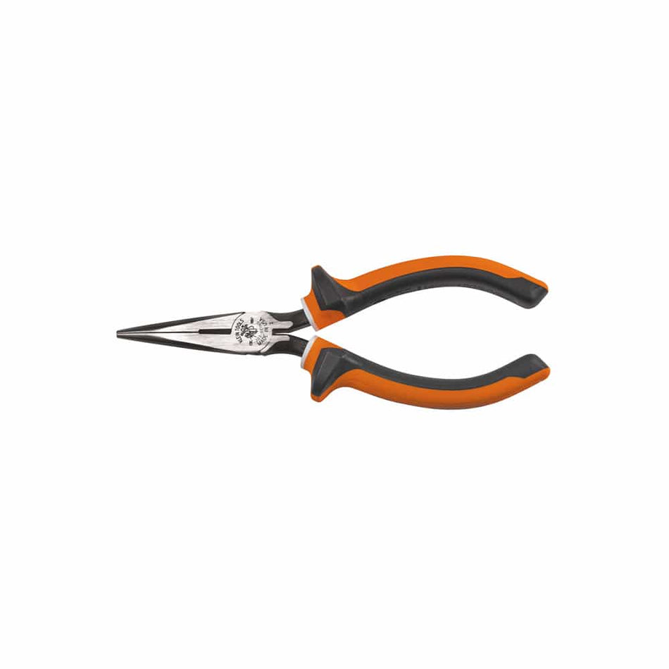 A professional studio product shot of the Klein Tools 2036EINS 6-inch slim insulated long nose side-cutting pliers featuring orange and gray high-leverage handles and induction-hardened cutting knives.