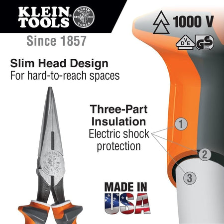 A technical feature graphic for the Klein 2036EINS insulated pliers highlighting the slim head design for hard-to-reach spaces, the 1000V rated three-part insulation for electric shock protection, and a Made in USA emblem.