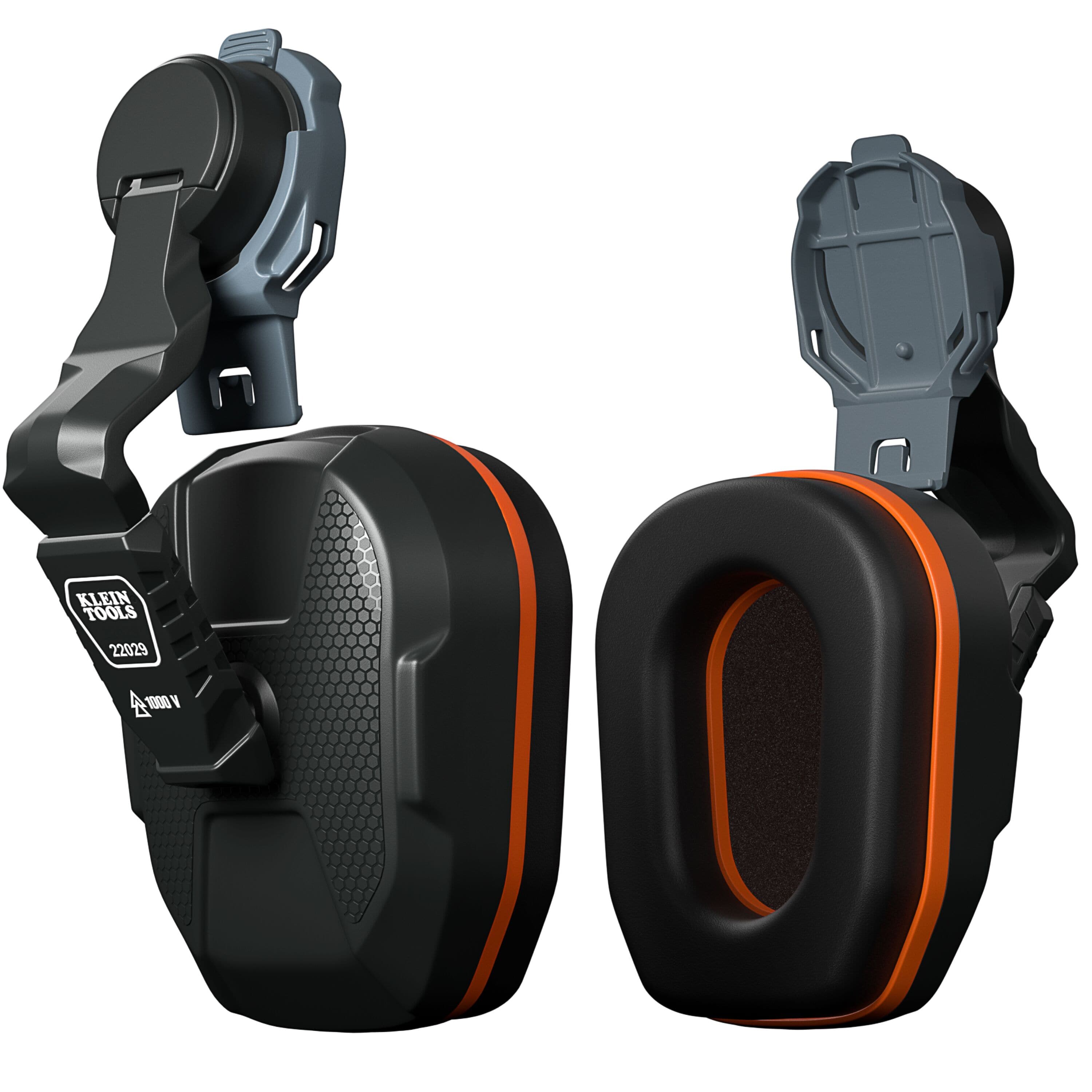 Perspective view of a pair of black and orange Klein Tools 22029 hard hat earmuffs featuring non-conductive multi-position arms and soft foam ear cushions for industrial hearing protection.